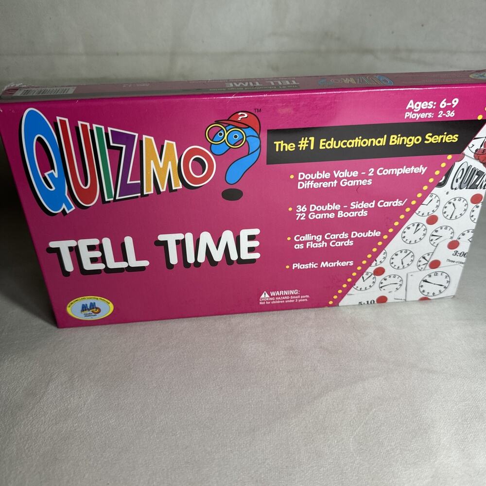 Quizmo TELL TIME EDUCATIONAL BINGO 2005 NEW UNPLAYED. 2-36 PLAYERS